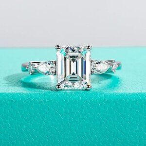3.668cttw Emerald Cut Moissanite Ring D Color VVS1 925 Silver Side Stone